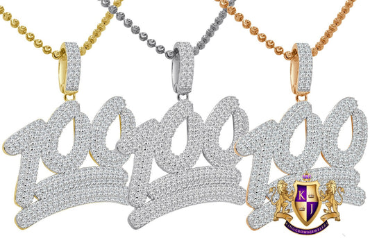 Real Genuine Sterling Silver 14K Gold Over 2.00 Cwt. Simulated Diamond 100 Emoji Logo Unisex Pendant Pave Charm Chain Necklace Set