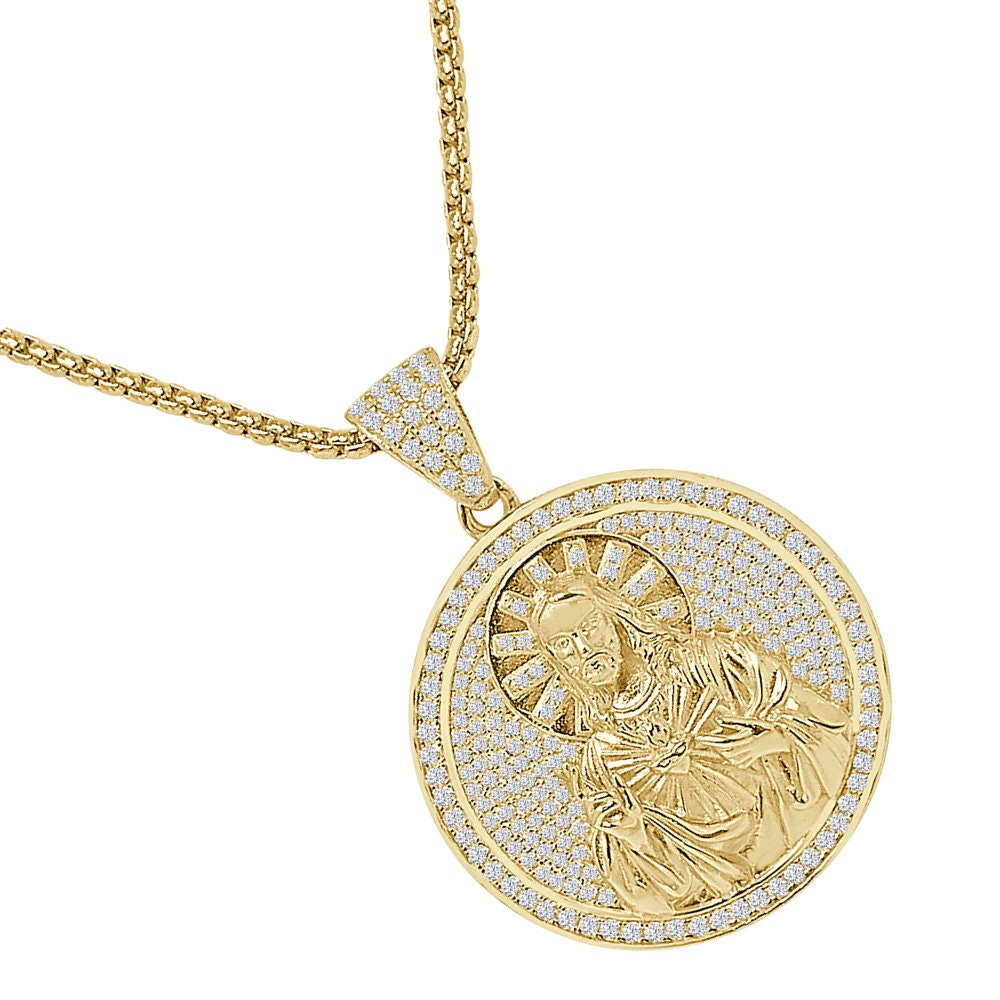 24 + Grams Real Sterling Silver Jesus Face 2.25 Ct Round Cut Simulated Diamond 14K Gold Over Round Charm Medallion Pendant + Free Chain