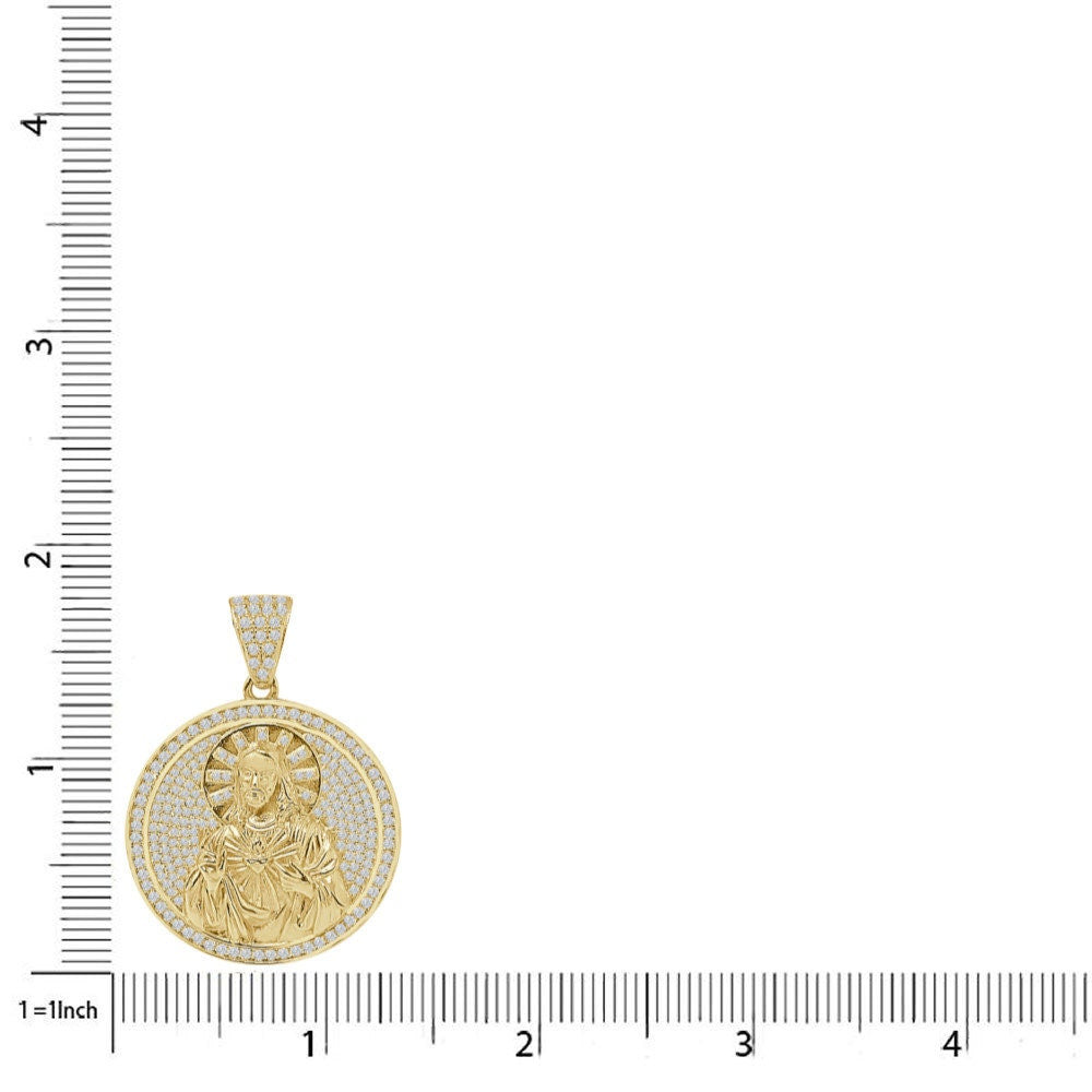 24 + Grams Real Sterling Silver Jesus Face 2.25 Ct Round Cut Simulated Diamond 14K Gold Over Round Charm Medallion Pendant + Free Chain