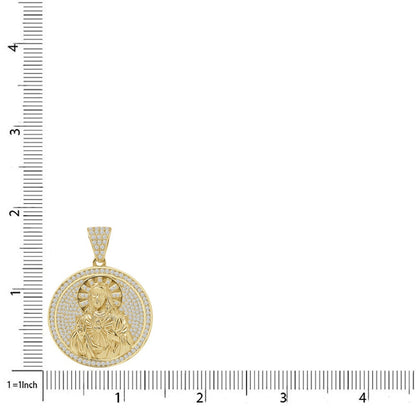 24 + Grams Real Sterling Silver Jesus Face 2.25 Ct Round Cut Simulated Diamond 14K Gold Over Round Charm Medallion Pendant + Free Chain
