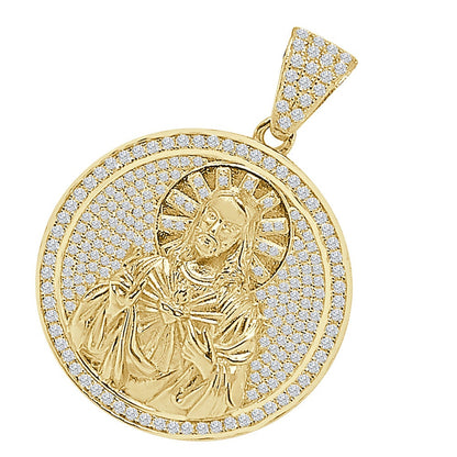 24 + Grams Real Sterling Silver Jesus Face 2.25 Ct Round Cut Simulated Diamond 14K Gold Over Round Charm Medallion Pendant + Free Chain