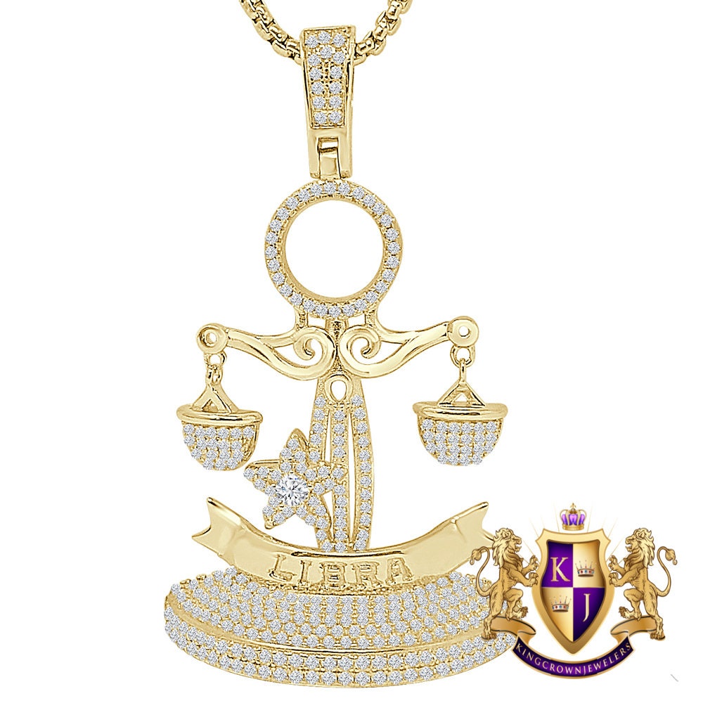24+ Grams Real Sterling Silver 2.00 Ct. Simulated Diamond 14K Solid Gold On Unisex Libra Scale Zodiac Sign Charm Lucky Custom Pendant 2.25''