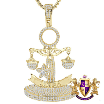 24+ Grams Real Sterling Silver 2.00 Ct. Simulated Diamond 14K Solid Gold On Unisex Libra Scale Zodiac Sign Charm Lucky Custom Pendant 2.25''
