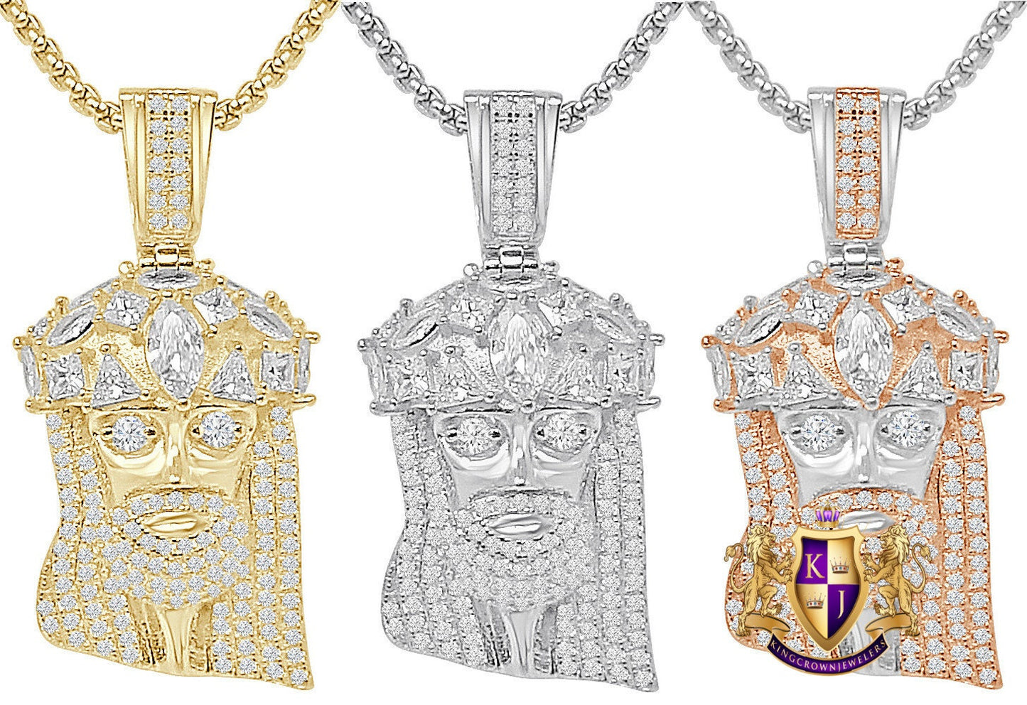 Genuine Authentic Italian Sterling Silver Simulated Diamond 14K Gold Over Jesus Face Piece Unisex Small Charm Pendent 1.75'' + Free Chain