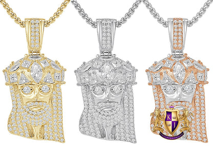 Genuine Authentic Italian Sterling Silver Simulated Diamond 14K Gold Over Jesus Face Piece Unisex Small Charm Pendent 1.75'' + Free Chain