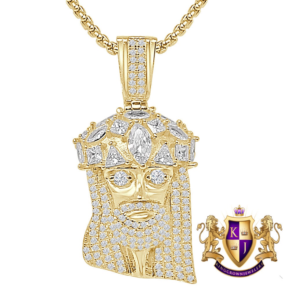 Genuine Authentic Italian Sterling Silver Simulated Diamond 14K Gold Over Jesus Face Piece Unisex Small Charm Pendent 1.75'' + Free Chain