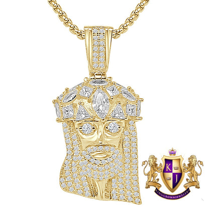 Genuine Authentic Italian Sterling Silver Simulated Diamond 14K Gold Over Jesus Face Piece Unisex Small Charm Pendent 1.75'' + Free Chain