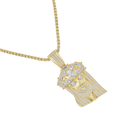 Genuine Authentic Italian Sterling Silver Simulated Diamond 14K Gold Over Jesus Face Piece Unisex Small Charm Pendent 1.75'' + Free Chain