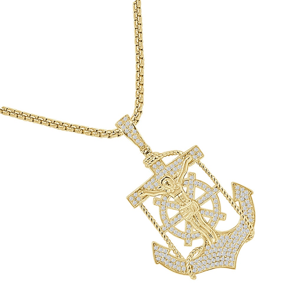 Real Authentic Sterling Silver Simulated Diamond 14K Gold Over Jesus Christ Cross Crucifix Anchor Unisex Religious Charm Pendent 1.80''