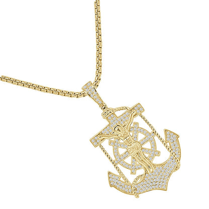 Real Authentic Sterling Silver Simulated Diamond 14K Gold Over Jesus Christ Cross Crucifix Anchor Unisex Religious Charm Pendent 1.80''