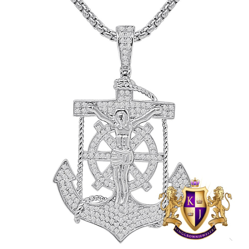 Real Authentic Sterling Silver Simulated Diamond 14K Gold Over Jesus Christ Cross Crucifix Anchor Unisex Religious Charm Pendent 1.80''