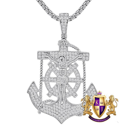 Real Authentic Sterling Silver Simulated Diamond 14K Gold Over Jesus Christ Cross Crucifix Anchor Unisex Religious Charm Pendent 1.80''