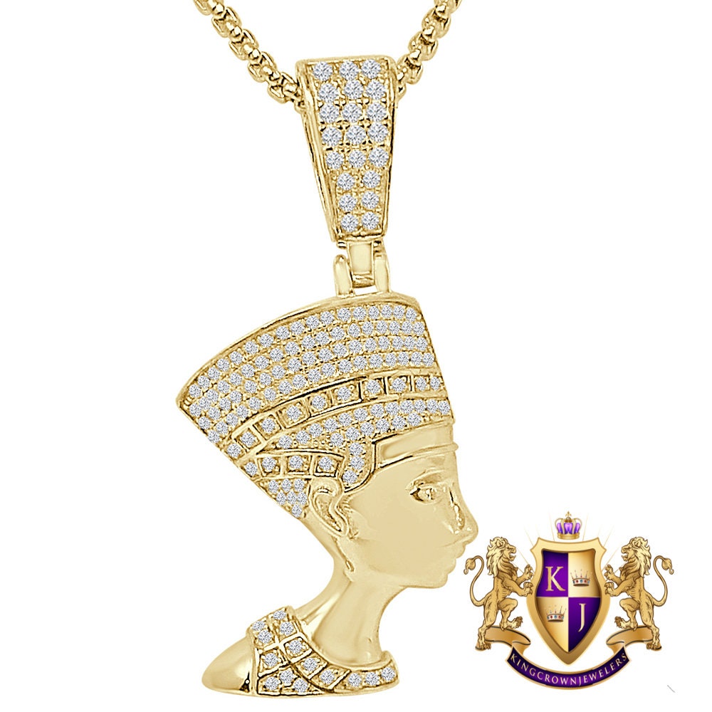 Real Genuine Sterling Sliver Egyptian Queen Nefertiti Pharaoh Simulated Diamond 14K Gold Over Unisex Pendent Mummy Charm Small 1.80''