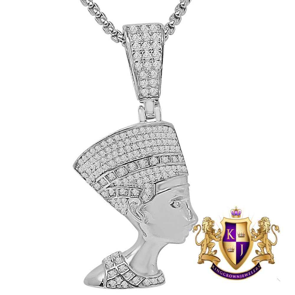 Real Genuine Sterling Sliver Egyptian Queen Nefertiti Pharaoh Simulated Diamond 14K Gold Over Unisex Pendent Mummy Charm Small 1.80''