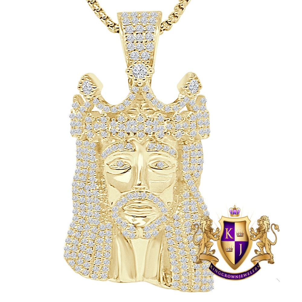 36 + Grams Big 2.25'' Authentic Italian Sterling Silver 14K Gold Over Simulated Diamond Holy Jesus Face Crown Piece Charm Religious Pendent