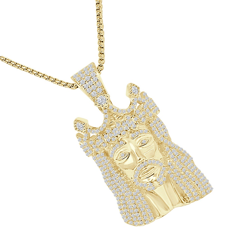 36 + Grams Big 2.25'' Authentic Italian Sterling Silver 14K Gold Over Simulated Diamond Holy Jesus Face Crown Piece Charm Religious Pendent