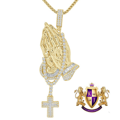 28+ Grams Baguette Genuine Sterling Sliver Simulated Diamond 14K Gold Over Praying Hands With Rosary Cross Pendent Charm Big 3.25''