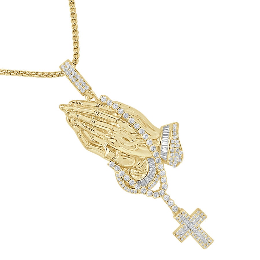 28+ Grams Baguette Genuine Sterling Sliver Simulated Diamond 14K Gold Over Praying Hands With Rosary Cross Pendent Charm Big 3.25''