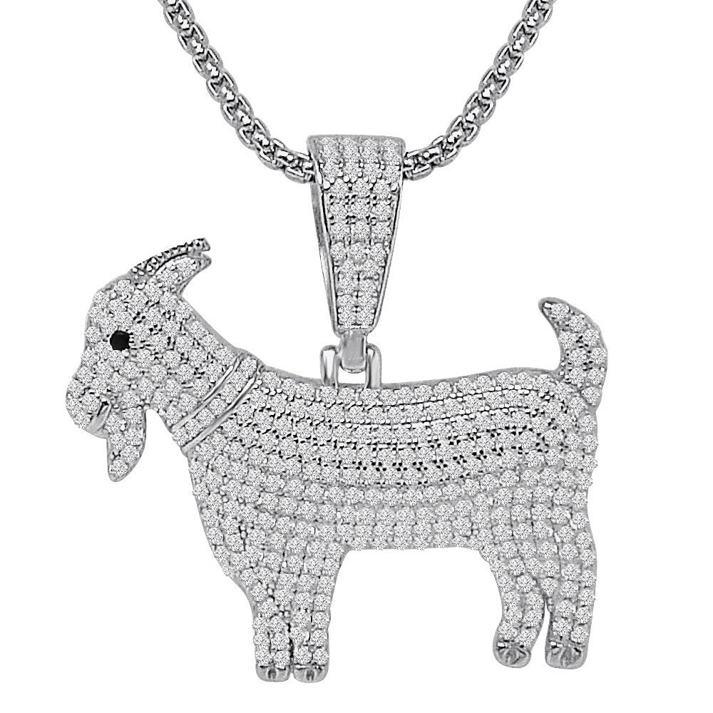 Real Sterling Silver 2.00 Ct Simulated Diamond GOAT Greatest Of All Time 14K Gold Over Charm Pendant +Free Chain