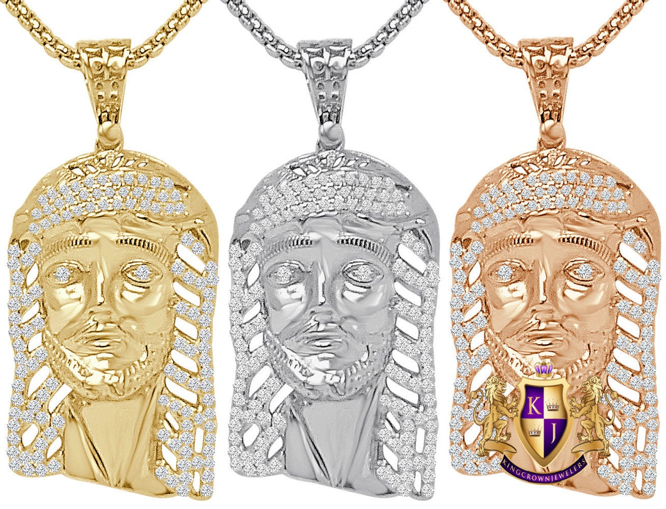 Genuine Authentic Italian Sterling Silver 14K Gold Over Simulated Diamond Holy Jesus Face Piece Charm Religious Pendent 2''