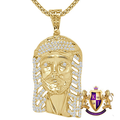 Genuine Authentic Italian Sterling Silver 14K Gold Over Simulated Diamond Holy Jesus Face Piece Charm Religious Pendent 2''
