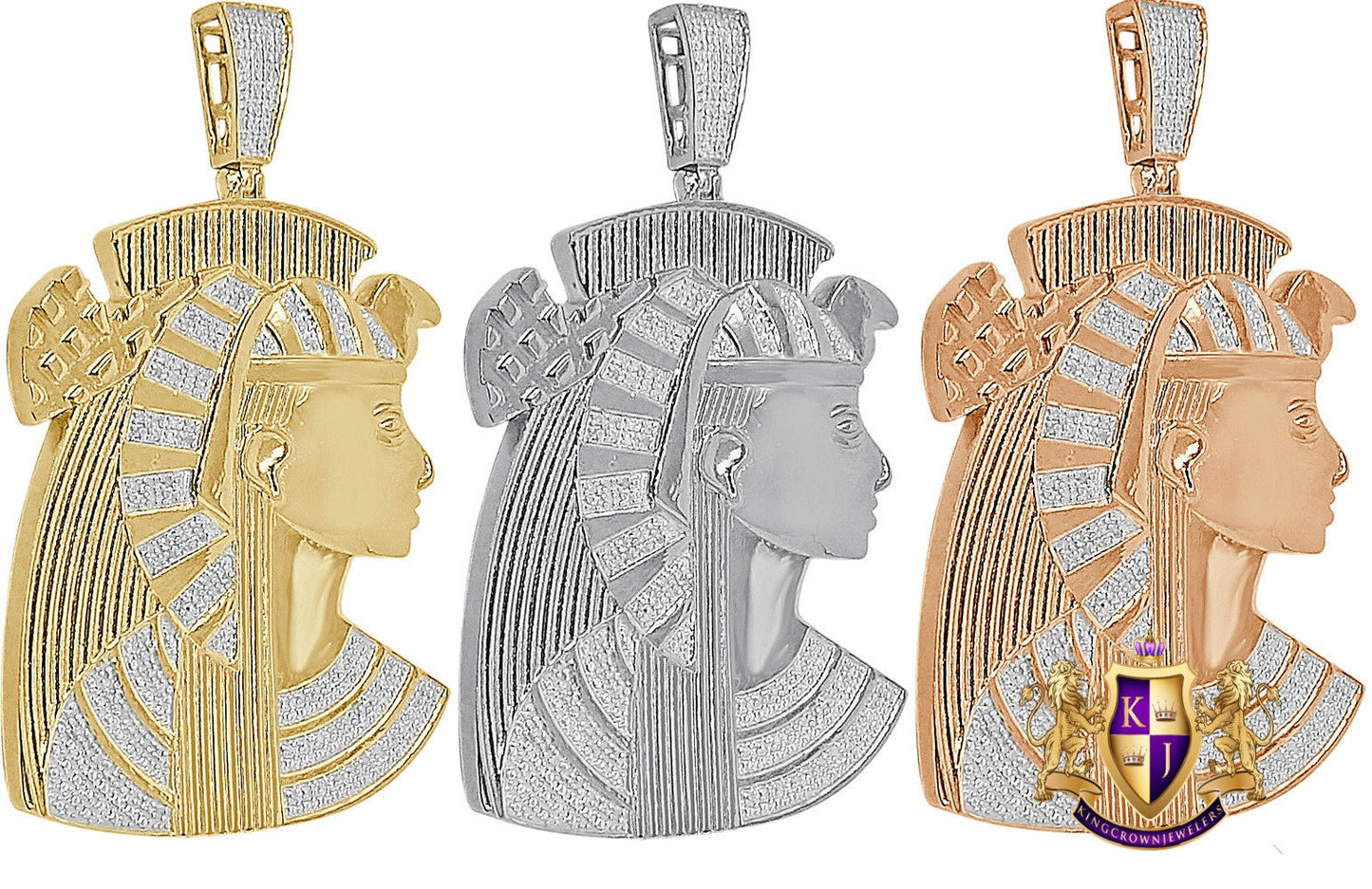26 + Grams Real Genuine Authentic Diamond Egyptian Pharaoh Queen Nefertiti Pendant 10K Gold Over Big 2.65"