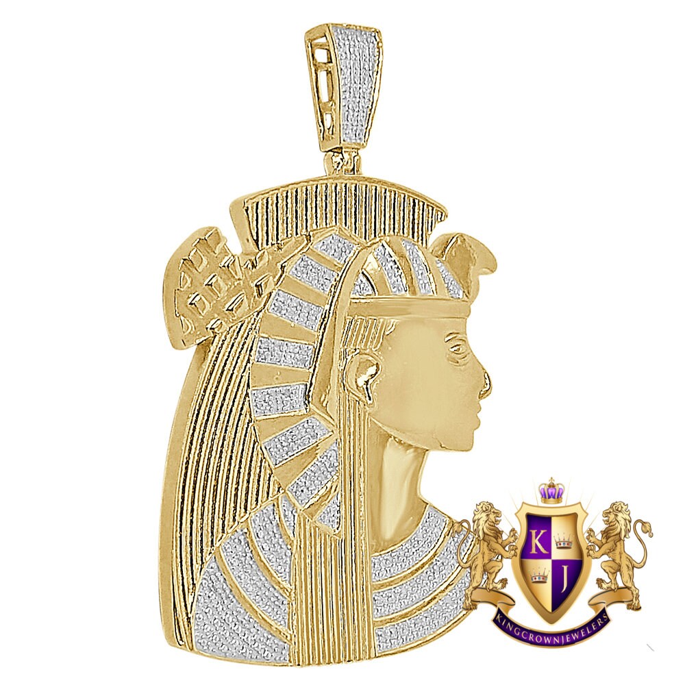 26 + Grams Real Genuine Authentic Diamond Egyptian Pharaoh Queen Nefertiti Pendant 10K Gold Over Big 2.65"