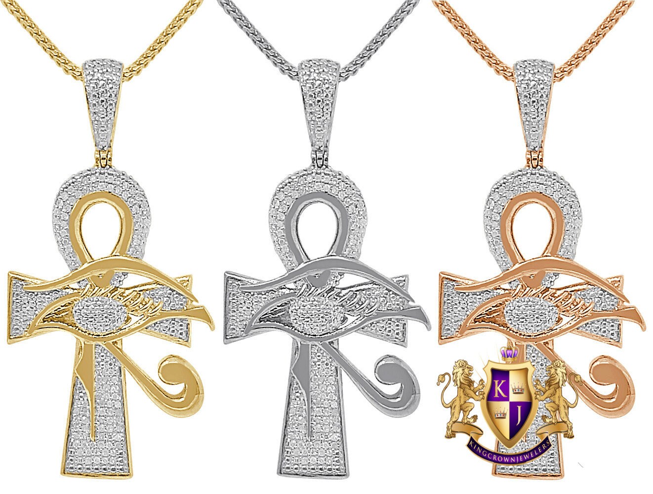 Men's Genuine Real Diamond Egyptian Evil Eye Ankh Cross Charm Chain Set 10K Gold Over Pendant 2''