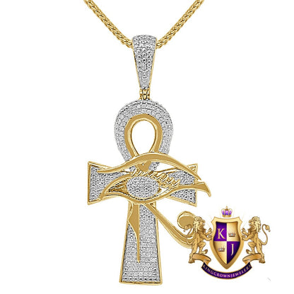 Men's Genuine Real Diamond Egyptian Evil Eye Ankh Cross Charm Chain Set 10K Gold Over Pendant 2''