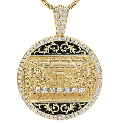 28 + Grams Italian Sterling Silver Simulated Diamond Last Supper Jesus Gospel Apostles Round Charm 10K Gold Over Pendant 2'' Medallion
