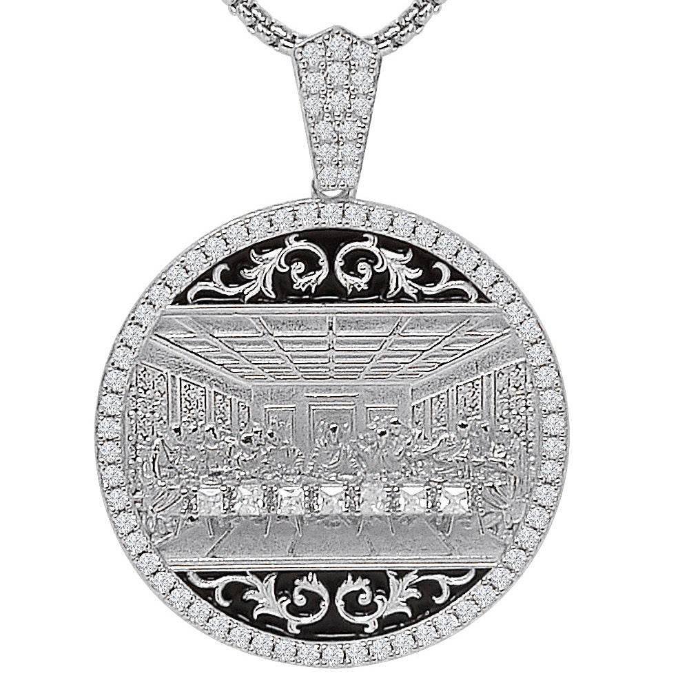28 + Grams Italian Sterling Silver Simulated Diamond Last Supper Jesus Gospel Apostles Round Charm 10K Gold Over Pendant 2'' Medallion