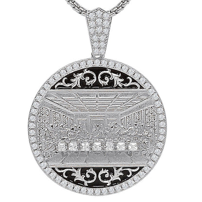 28 + Grams Italian Sterling Silver Simulated Diamond Last Supper Jesus Gospel Apostles Round Charm 10K Gold Over Pendant 2'' Medallion