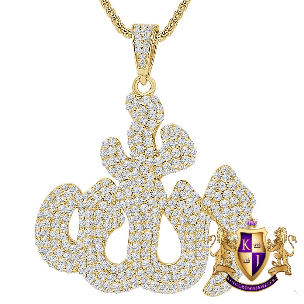 36+ Grams Real Sterling Silver 3.00 Cwt. Simulated Diamond 14K Gold Over Muslim Allah Arabic Islamic Charm Religious Pendent Large 2.5''