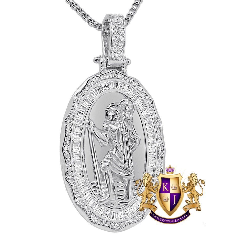 Baguette 23 + Grams Real Sterling Silver 14k Gold Over Simulated Diamond Saint Christopher Religious Charm Unisex Frame Pendant + Free Chain