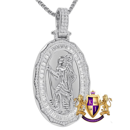 Baguette 23 + Grams Real Sterling Silver 14k Gold Over Simulated Diamond Saint Christopher Religious Charm Unisex Frame Pendant + Free Chain
