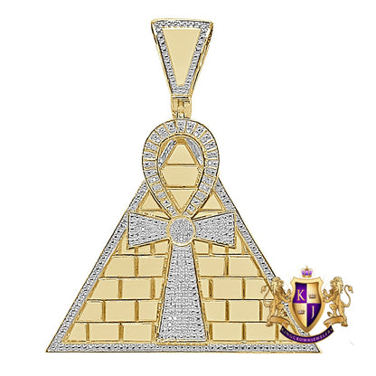 Real Genuine Diamond 0.50 Cwt. 10K Gold Finish Egyptian Pyramid Ankh Cross Charm Pendant 2.75''