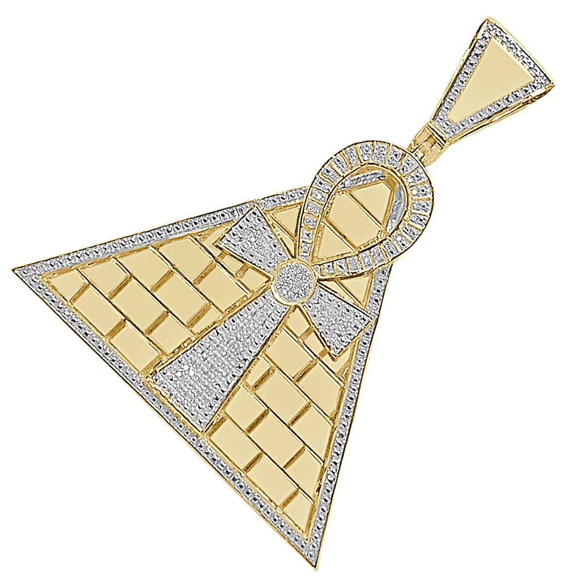 Real Genuine Diamond 0.50 Cwt. 10K Gold Finish Egyptian Pyramid Ankh Cross Charm Pendant 2.75''