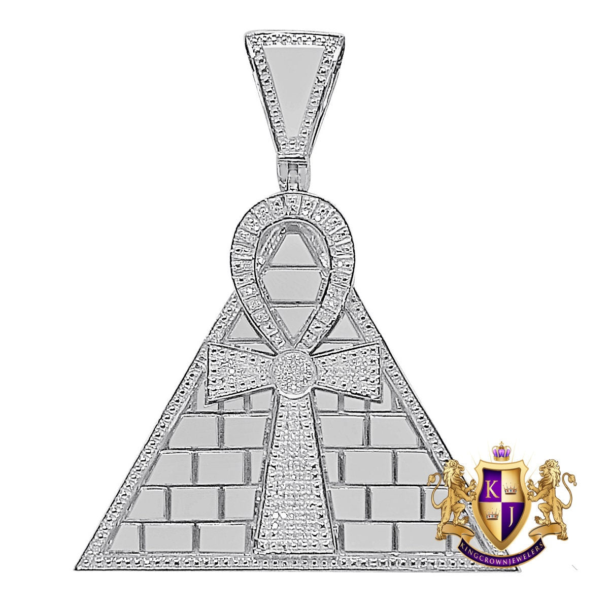 Real Genuine Diamond 0.50 Cwt. 10K White Gold Finish Egyptian Pyramid Ankh Cross Charm Pendant 2.75''