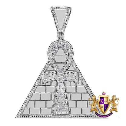 Real Genuine Diamond 0.50 Cwt. 10K White Gold Finish Egyptian Pyramid Ankh Cross Charm Pendant 2.75''