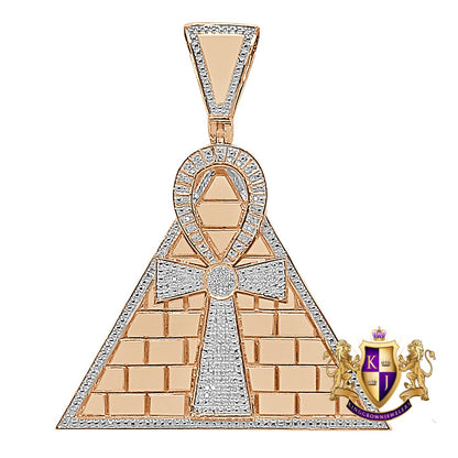 Real Genuine Diamond 0.50 Cwt. 10K Rose Gold Finish Egyptian Pyramid Ankh Cross Charm Pendant 2.75''
