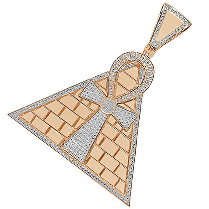 Real Genuine Diamond 0.50 Cwt. 10K Rose Gold Finish Egyptian Pyramid Ankh Cross Charm Pendant 2.75''