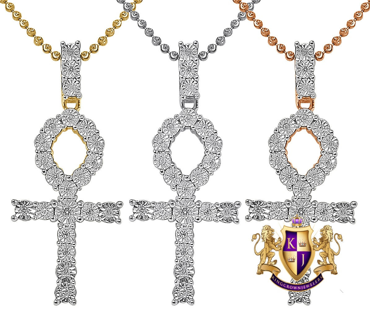 Real Genuine Diamond 0.50 Cwt. Egyptian Ankh Cross Charm Chain Set 10K Gold Over Unisex Pendant 2''