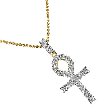 Real Genuine Diamond 0.50 Cwt. Egyptian Ankh Cross Charm Chain Set 10K Gold Over Unisex Pendant 2''