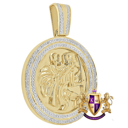 Real Genuine Authentic Diamond 0.40 Cwt. 21 + Grams Saint Christopher Charm Round Medallion 10K Gold Finish Religious Unisex Pendant  2.25''