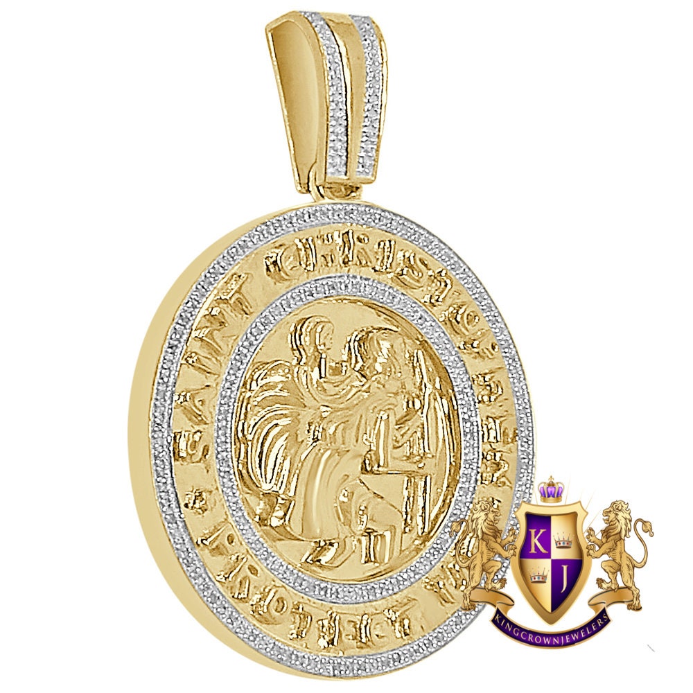 Real Genuine Authentic Diamond 0.40 Cwt. 20 + Grams Saint Christopher Religious Round Pendant Jesus Charm 10K Gold Over Medallion 2.25''