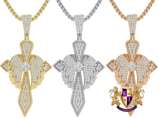 Unisex 14k Gold Over Simulated Diamond Holy Jesus Crist Cross Angel Wings Charm Pendent Chain Set 2.25''