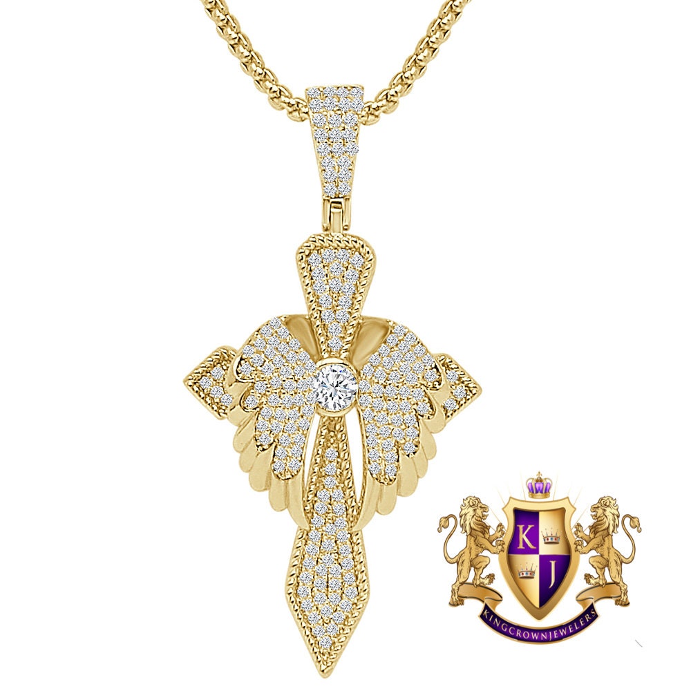 Unisex 14k Gold Over Simulated Diamond Holy Jesus Crist Cross Angel Wings Charm Pendent Chain Set 2.25''