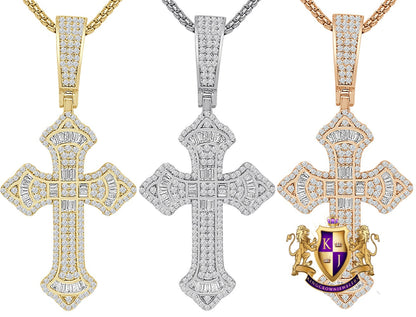 Genuine Sterling Silver Baguette 14k Gold Over Simulated Diamond Holy Jesus Crist Cross Charm Pendent Chain Set 1.90''