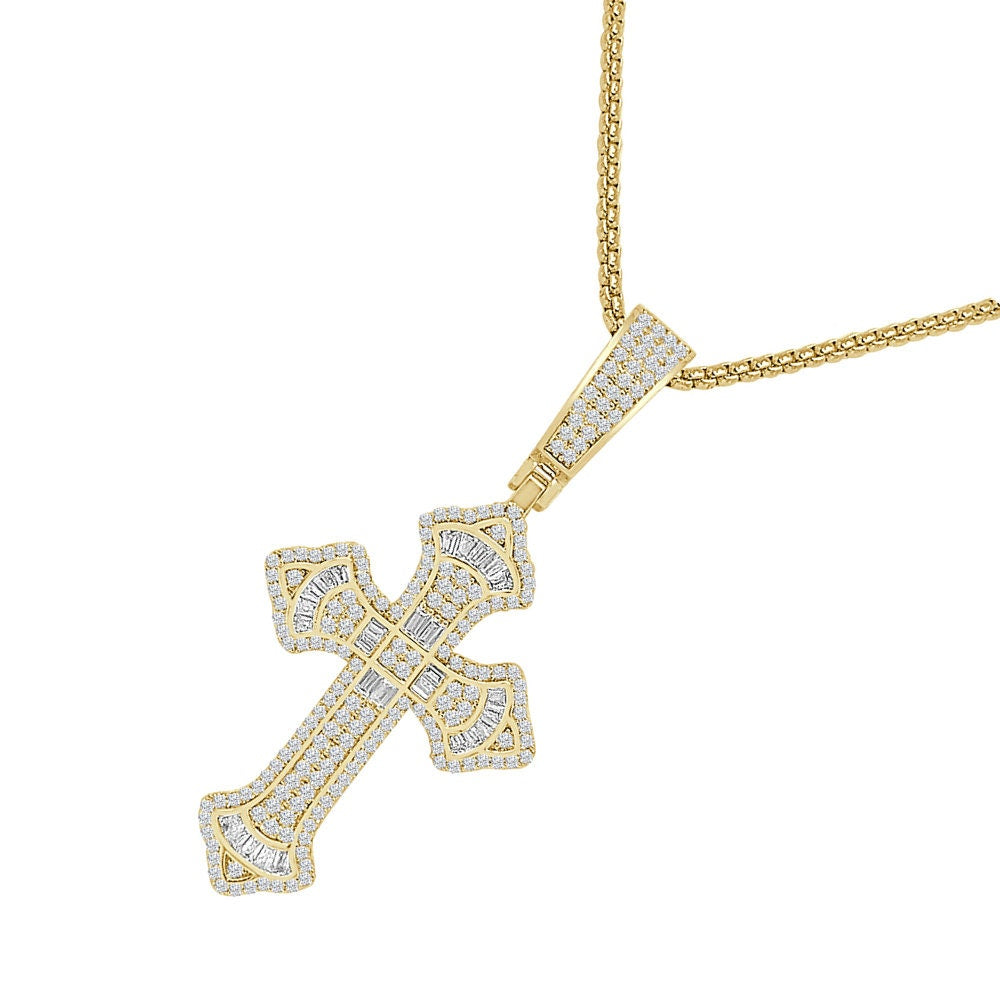 Genuine Sterling Silver Baguette 14k Gold Over Simulated Diamond Holy Jesus Crist Cross Charm Pendent Chain Set 1.90''