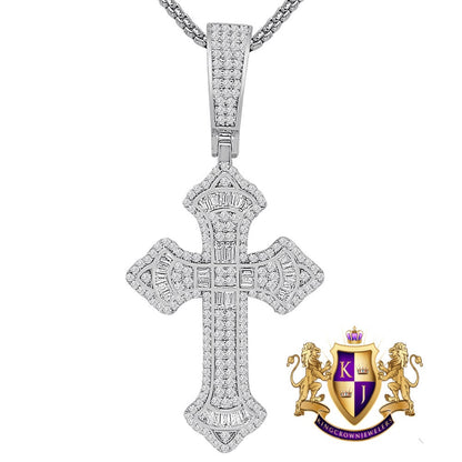 Genuine Sterling Silver Baguette 14k Gold Over Simulated Diamond Holy Jesus Crist Cross Charm Pendent Chain Set 1.90''